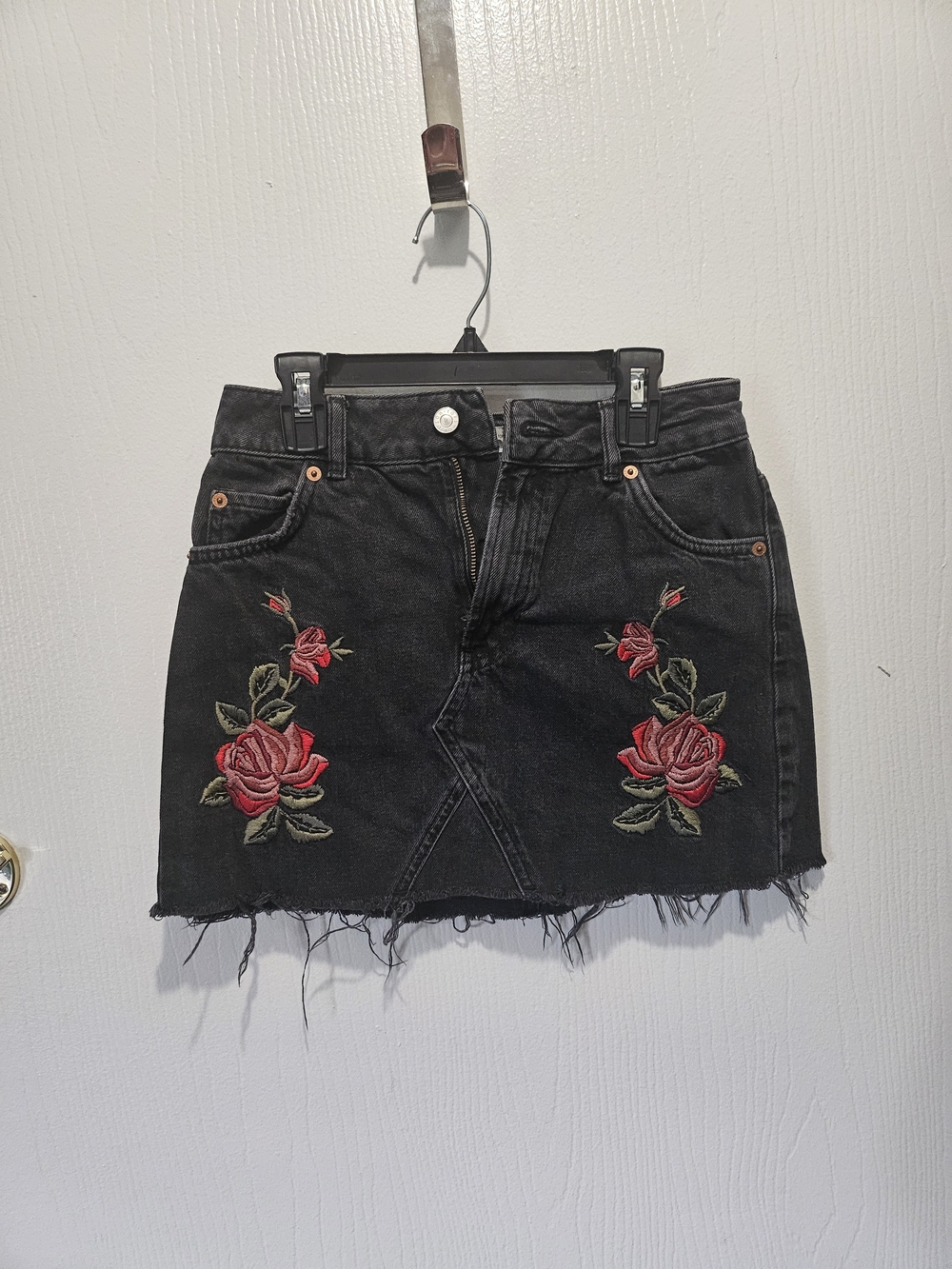 Topshop Black Denim Mini Skirt with Red Rose Embroidery
